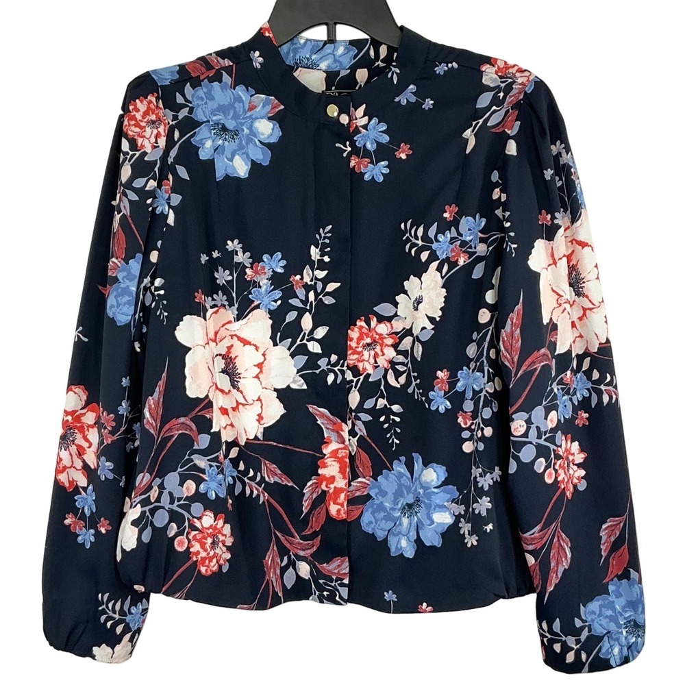 DG2 Diane‎ Gilman Women's Large Floral Lightweight Bomber Jacket Zip Front Navy